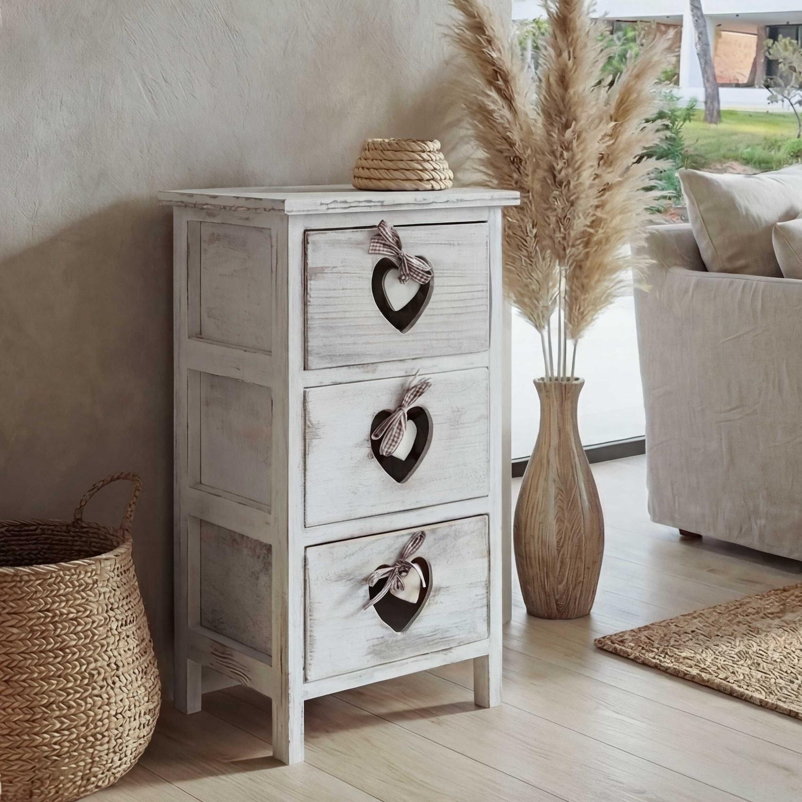Kommode Sues, Schubladenkommode Schrank, 3 Schubladen mit Herzen 55x29x25cm, Shabby-Look, Vintage
