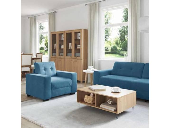 KTHLBRH Sofa-Set, 3-teilig, Blau, Samt, 221 cm Sessel, 2- und 3-Sitzer-Sofa, Metallrahmen, Schaumstoff, 6-Sitzer