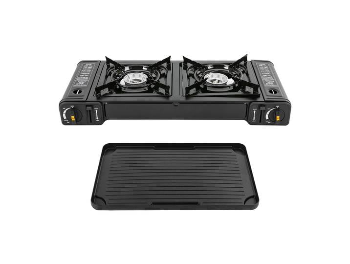 Réchaud de camping portable avec grill, 2 brûleurs, réchaud de camping avec plaque de cuisson antiadhésive, allumage facile, pour le camping