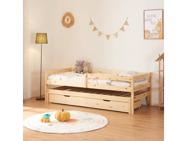 [en.casa] Doppel-Kinderbett Sonkajärvi Kleinkindbett mit Schubladen und Ausziehbett Bettgestell aus Kiefernholz mit Zustellbett 90x200cm Natur