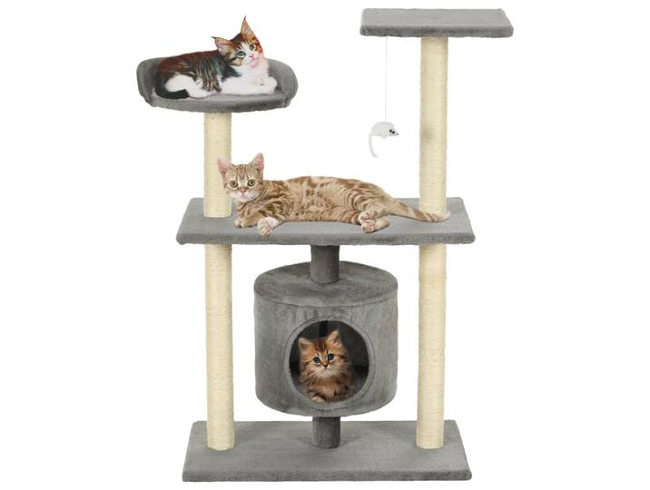 Arbre à chat avec poteaux à gratter en sisal, 95 cm, arbre à chat multi-niveaux grand format gris avec poteau à gratter, maison pour chat, hamac, tapis