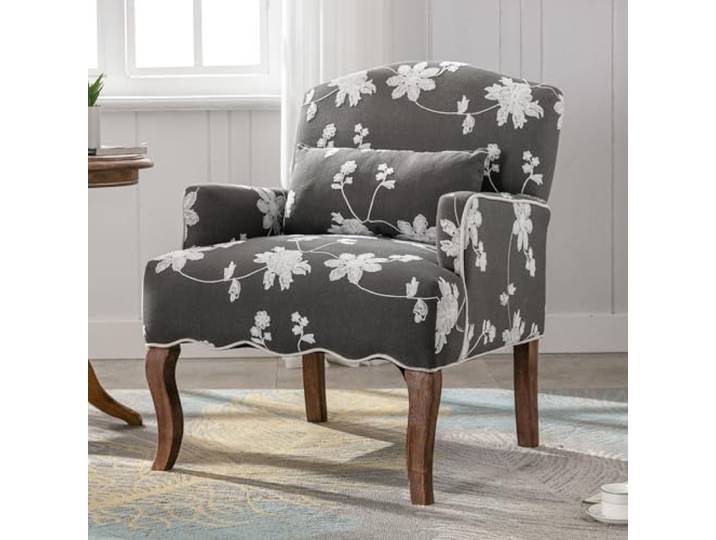 Ya-Home Vintage Polstersessel mit Armlehne, mit Blumenmuster & Kissen, Grau Gepolsterter Loungesessel mit Holzbeinen, Einzelsofa Akzentstuhl Cocktailsessel für Wohnzimmer Schlafzimmer & Leseecke