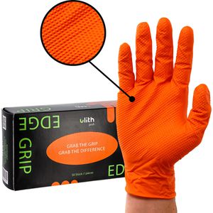 Ulith Einmalhandschuhe Profi Edge Grip, orange, 50 Stück, Nitril, puder- & latexfrei, chemikalienbeständig, Größe XXL