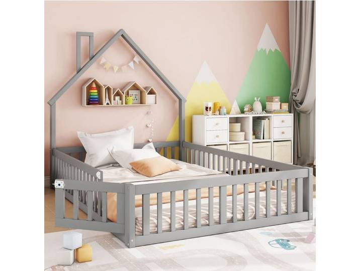 Lit enfant SENVIRO forme cheminée gris 140 x 190 cm