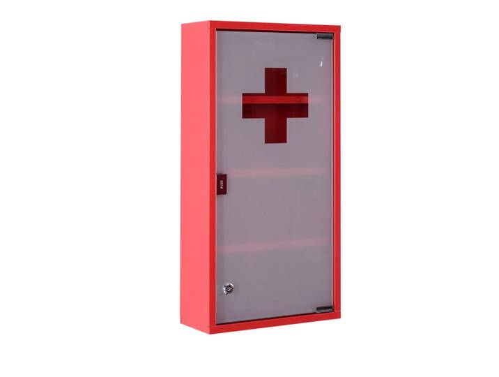 Homcom Metall Medizinschrank Arzneischrank Ersthilfe Schrank 4 Fach Rot Drehtür, Glas, 30x60x12 cm, Badezimmer, Badmöbel, Medizinschränke
