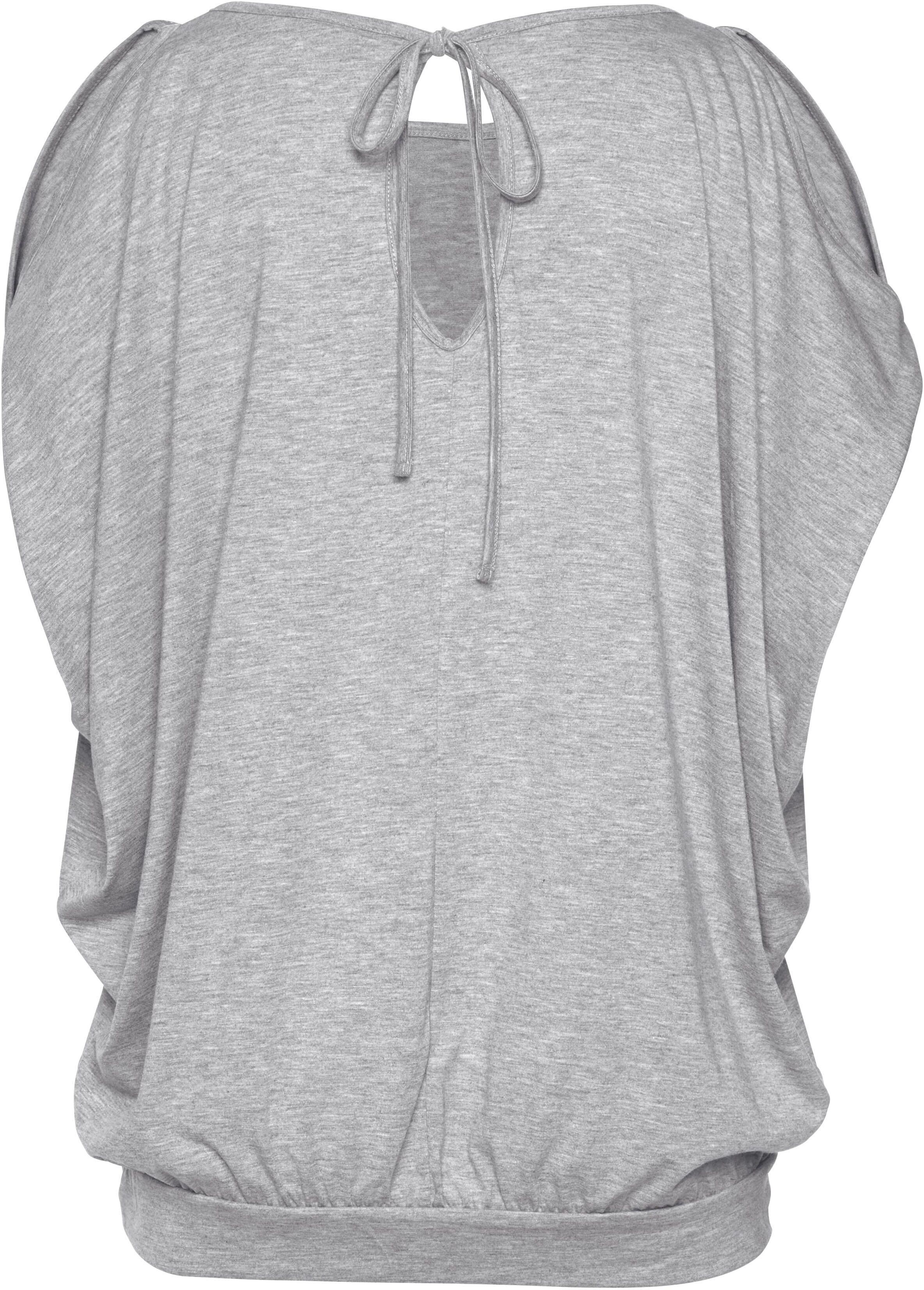 Strandshirt LASCANA, Damen, Gr. 48/50, grau (grau, meliert), Jersey, Obermaterial: 65% Polyester, 35% Viskose, figurumspielend hüftlang, Rundhals, Ärmel mit Ärmelschlitz, Shirts Strandshirt, mit Pailetten, Kurzarmshirt, Longshirt, schulterfrei
