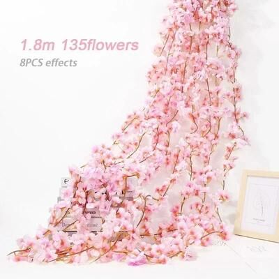 Inspired Finds 180cm Artificial Cherry Blossom Garland Silk Vine For Wedding & Home Decor 8pcs Pink