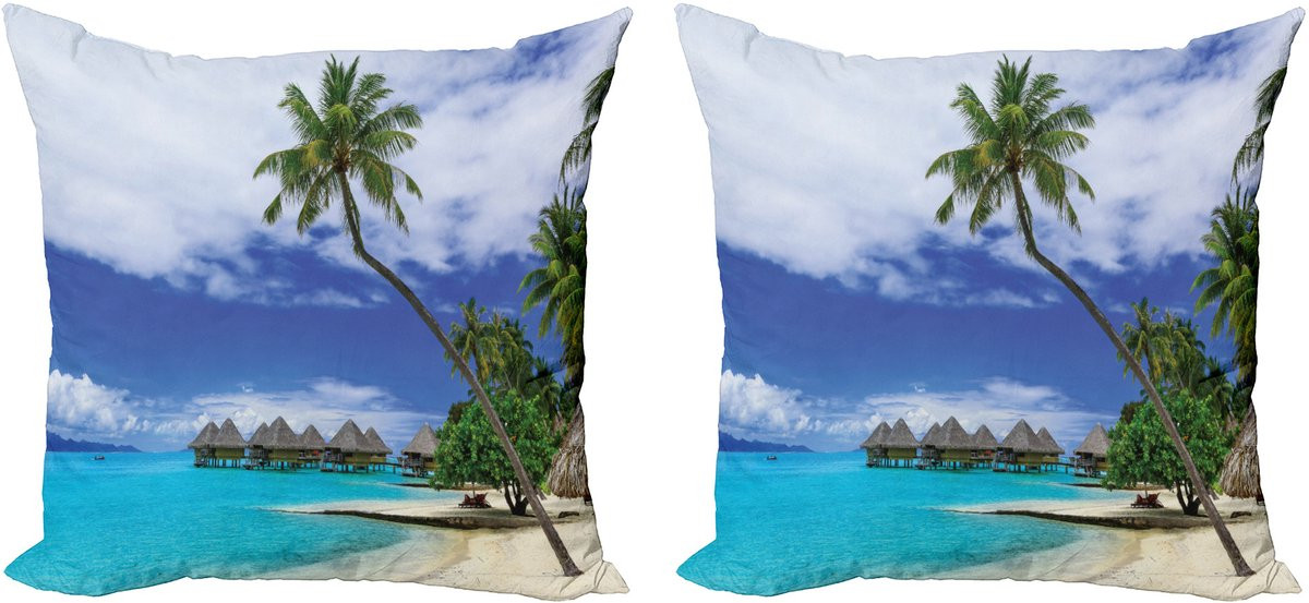 ABAKUHAUS Tropische decoratieve kussenhoezen 2-pack, Eilanden en Stille Oceaan, Groen Wit Blauw, 50 x 50 cm