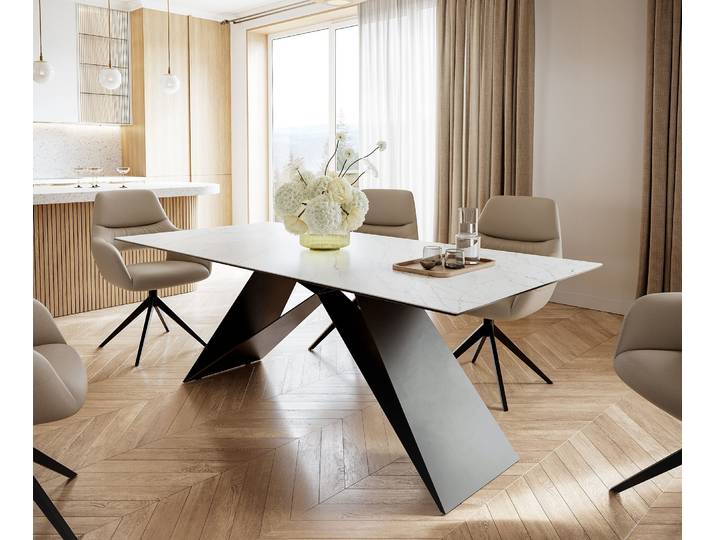 Table à manger Edge 200x100cm Laminam® céramique blanc V pieds milieu noir