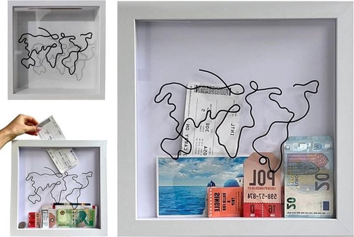 Persoonlijk Houten Wereldkaart Fotolijst voor Geldcadeaus - 20 x 20 cm
