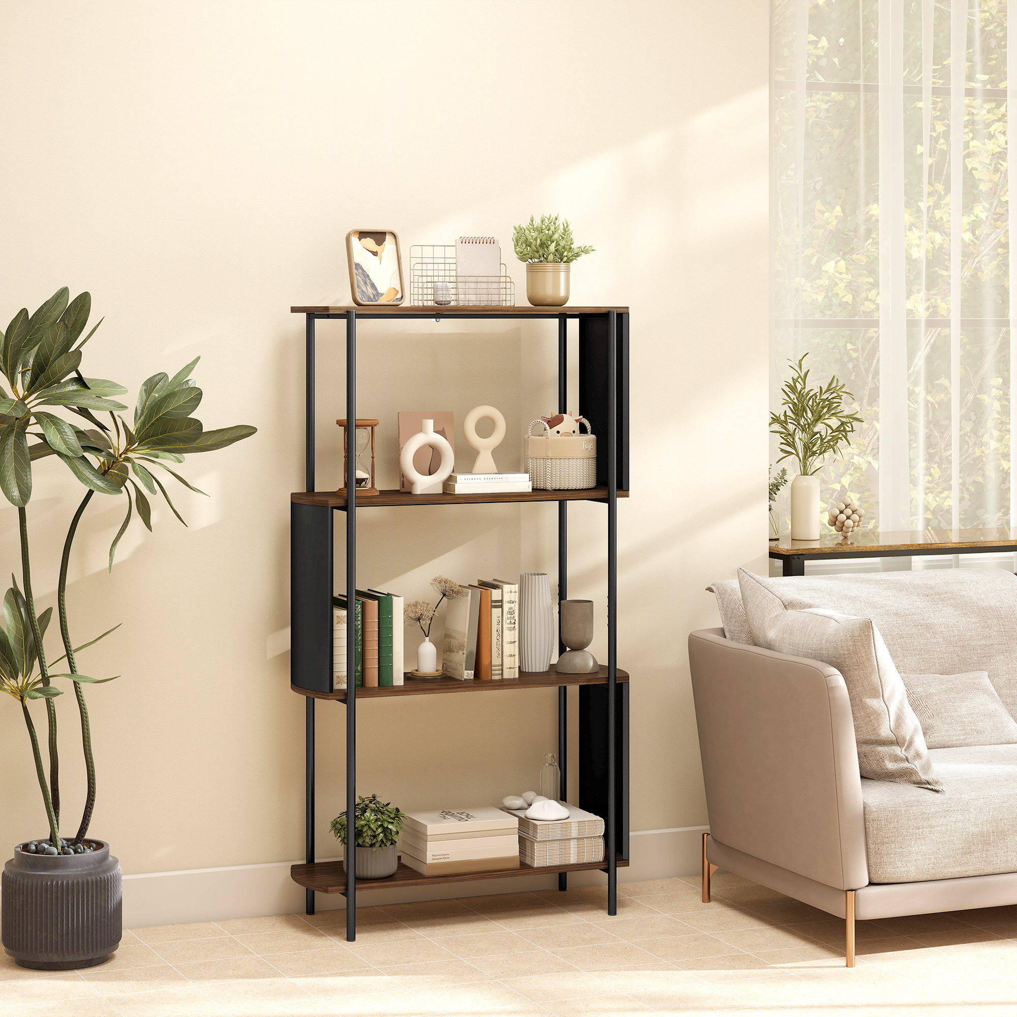 Homcom Scaffale contenitore, libreria a 4 ripiani con pannelli laterali curvati, telaio in acciaio, 80x30x141cm, marrone   Aosom Italy