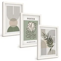 BILDER SET 3er Set - 20x30 cm Weißer Rahmen - Geometrische botanische Muster