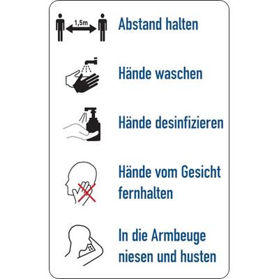 Hygieneschild, Verhaltensregeln gegen die Verbreitung von Viren - 55x85 mm Folie selbstklebend