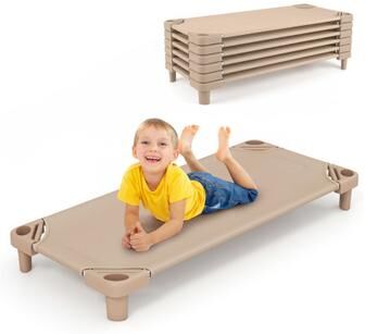 Costway Kids Stackable Daycare Cot Pack of 6 with Detachable Oxford Cloth-Beige
