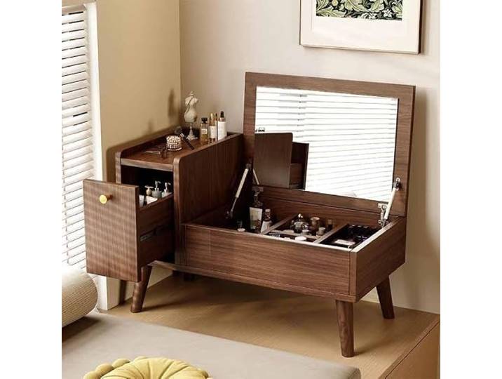 Dalumian Schminktisch im Landhausstil, Schminktisch für Erkerfenster Aufbewahrung mit Fächern, Schrank mit Spiegel und Schubladen, kompakter Schminktisch(B,70*45*45cm)