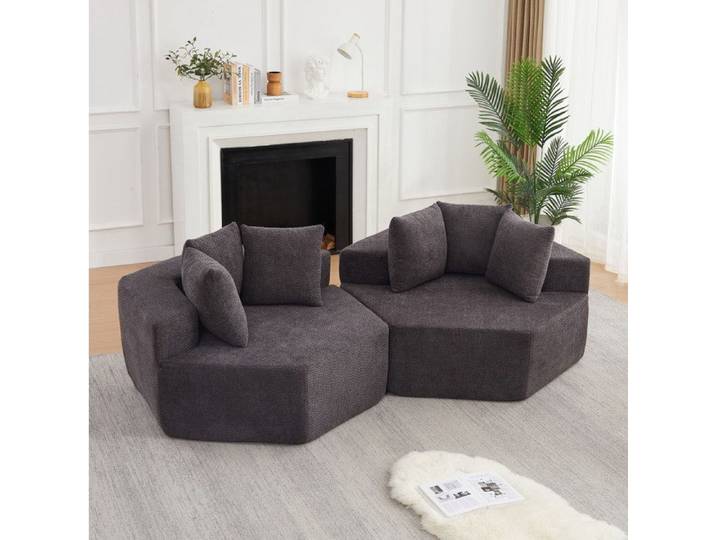 Fauteuil modulaire hexagonal avec 3 coussins dessous antidérapant chenille bouclée gris - UVRION