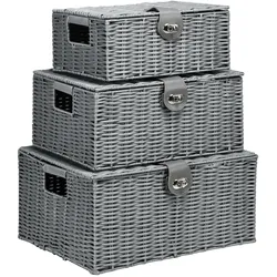 OKWISH Aufbewahrungsboxen 3er-Set 35x28x18 mit Deckel, Metall, Stauraum, Wohnzimmer, Küche, Schlafzimmer, Ordnung, multifunktional, Grau