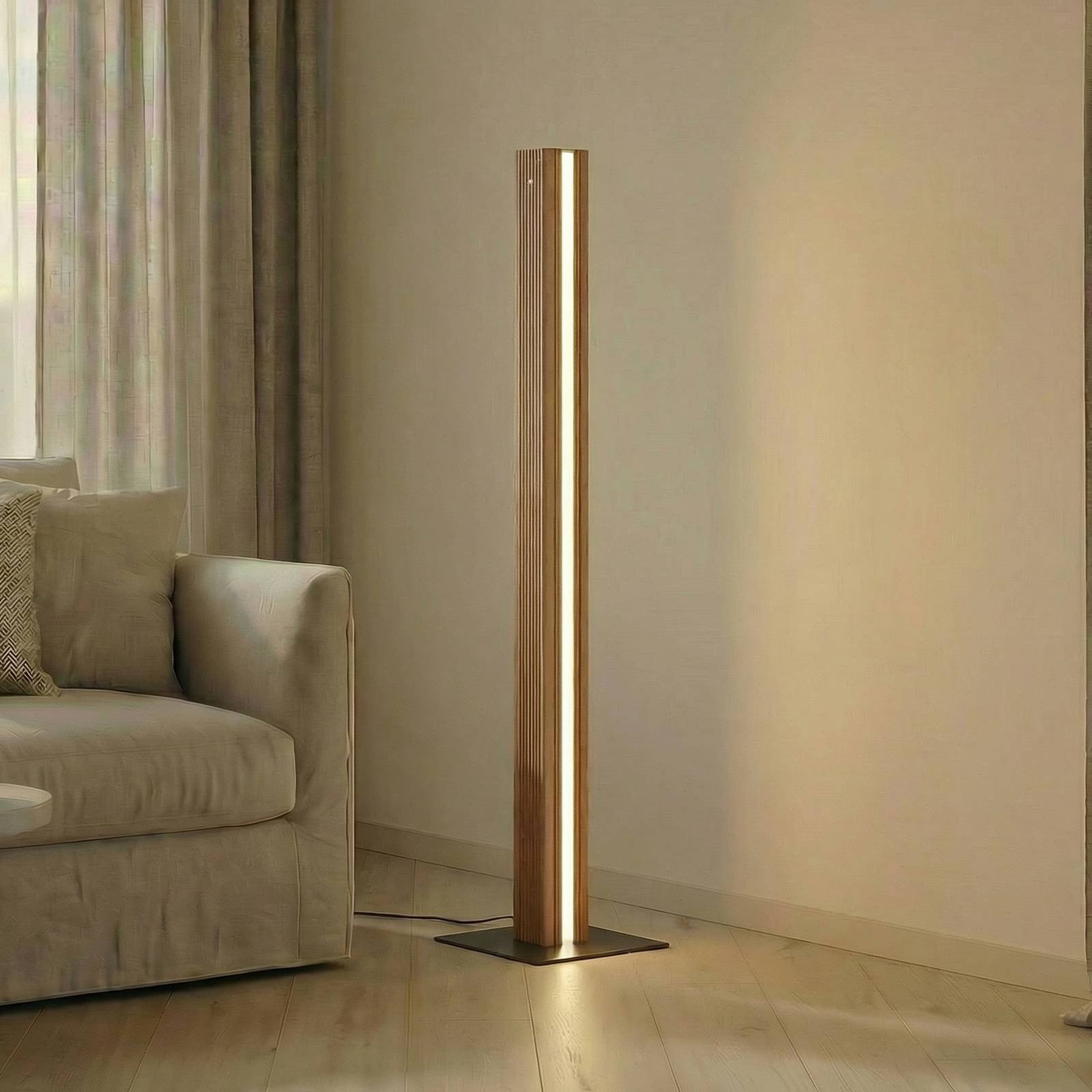 Lucande Lieske LED vloerlamp, zwart en hout, dimbaar, modern