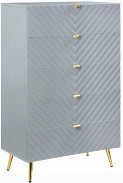 Benjara Tyra Tall Dresser Chest, 5 Wave Pattern Drawers with Gold Handles, Gray
