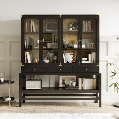 FUFU&GAGA "Bookshelves Black Display Cabinet with Glass Doors, Wood Grain Back, Metal Corner Accents - 66.1""x74.8"""