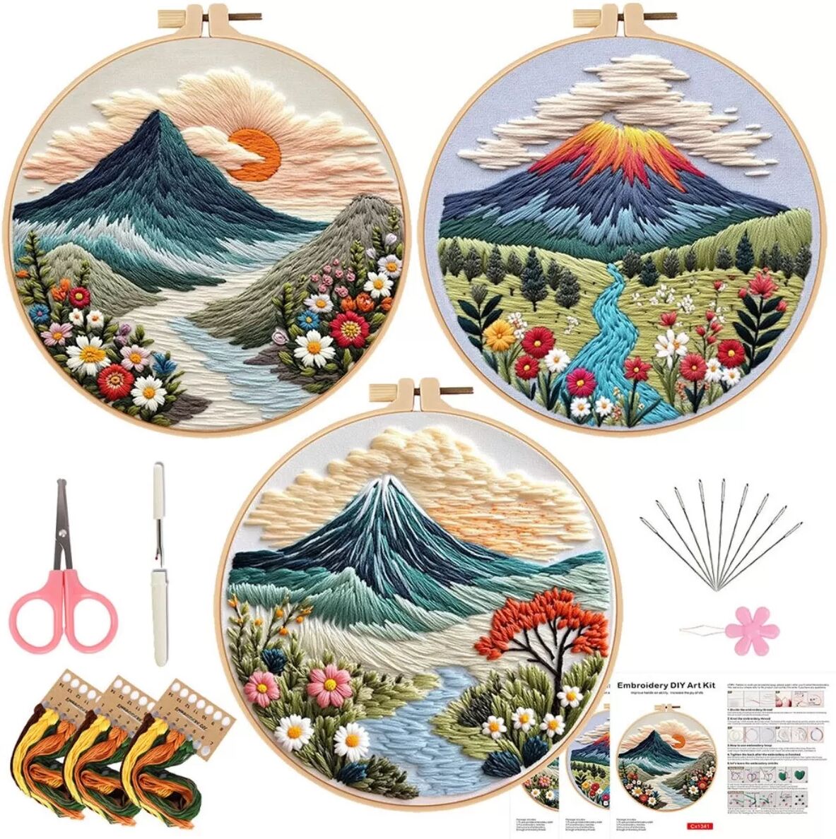INF DIY Handstickerei Set - 3 Sets mit floralen Bergmotiven, Stickrahmen und Werkzeugen