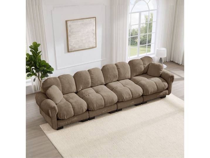 Canapé modulable 4 places en chenille marron accoudoirs coussins épais montage facile