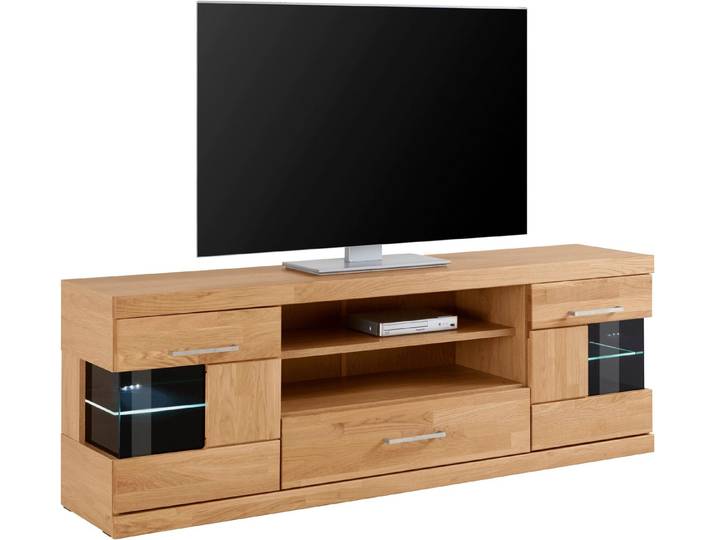 OTTO home Lowboard Ribe,160cm breit,55cm hoch,Oberplatte massiv, Korpus Holzwerkstoff,Glaseinsatz aus gehärtetem Glas,Böden versetzbar