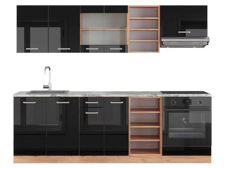 Cuisine Vicco R-Line Noir brillant/Chêne doré 240cm \, PT Marbre\, Model 43248