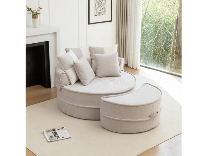 WUVRIE Fauteuil rond 1 place avec ottomane 5 coussins chenille grise sans montage