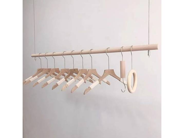 DETMOL Kleiderstange Kleiderständer, Offener Kleiderschrank, Kleiderstange Deckenmontage Für Kleidung, Jacken Und Mäntel, Aufhängung/0–200 cm Höhenverstellbar(Massivholzstange, Drahtseil)