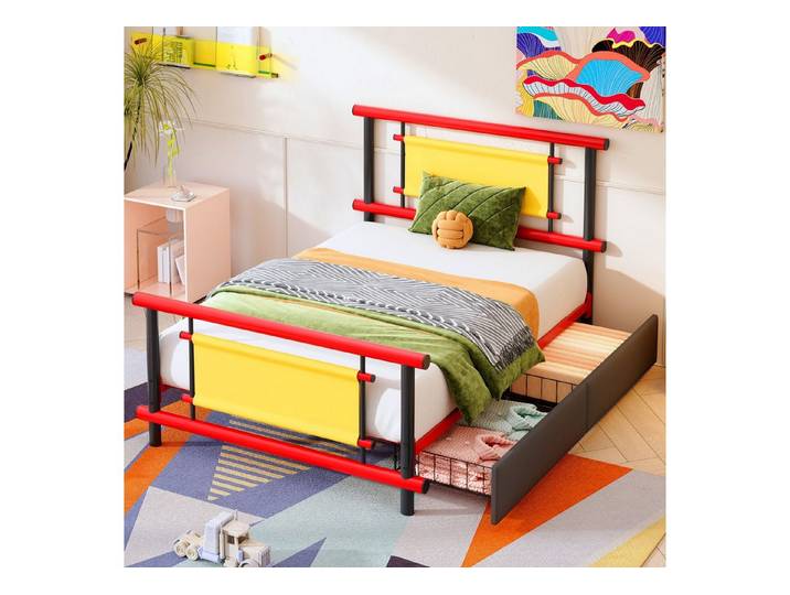 STILVORA Metallbett 90×200 mit Stauraum Jugendbett Kinderbett mit Schubladen (Plattformbett, Schubladen, Stahl, bunte Farben, platzsparend, stabile Eisenkonstruktion), robust, sicher, langlebig, kratzfest, stabil, kinderfreundlich