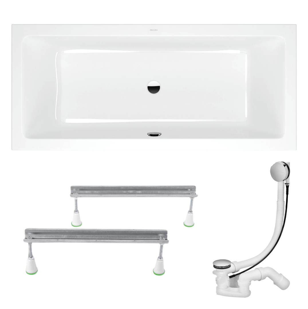 VBChome Badewanne 180x80 cm Villeroy & Boch Weiß Acryl Rechteckig Wannenfüße Zentralen Abfluss Siphon in Chrom