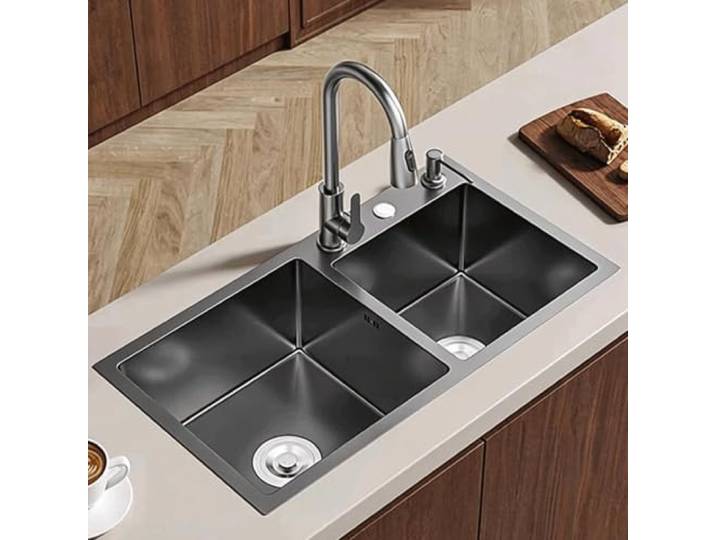 Küchenspüle aus Edelstahl mit zwei Becken für die Arbeitsplatte Aufsatz- oder Unterbauspülen aus Edelstahl, einschließlich Wasserhähnen und Ablaufgarnituren(72/40cm/28.3/15.7in)