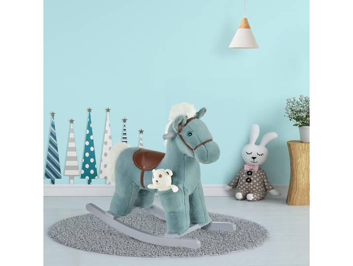 HOMCOM Cheval à Bascule Bois et Peluche avec Sons Bleu 65cm