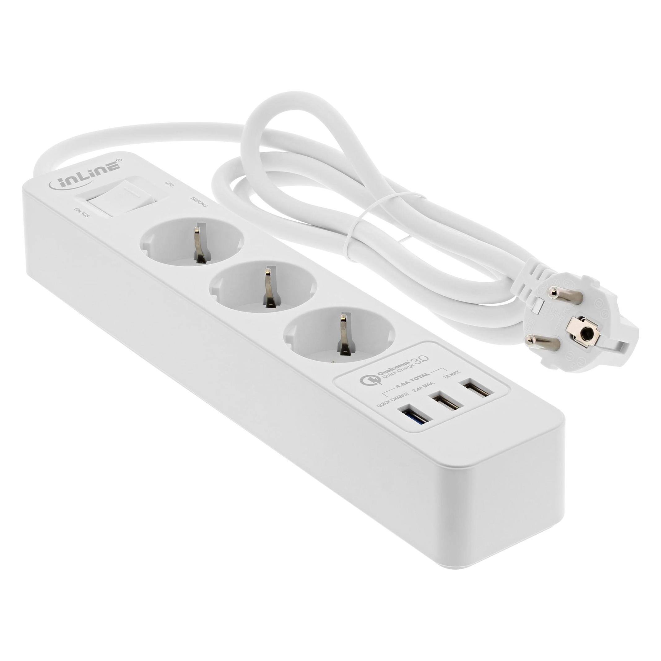 InLine Steckdosenleiste 3-fach Schutzkontakt mit Ueberspannungsschutz und USB QuickCharge Schalter 1,5m... (3x, USB-A, 1.50 m) (16491)