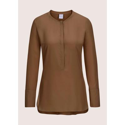 Hemdbluse MADELEINE "Seidenhemd Luxuriöse Bluse mit kragenlosem Design", Damen, Gr. 34, braun (espresso), Obermaterial: 100% Seide silk., Modern, Blusen Hemdbluse