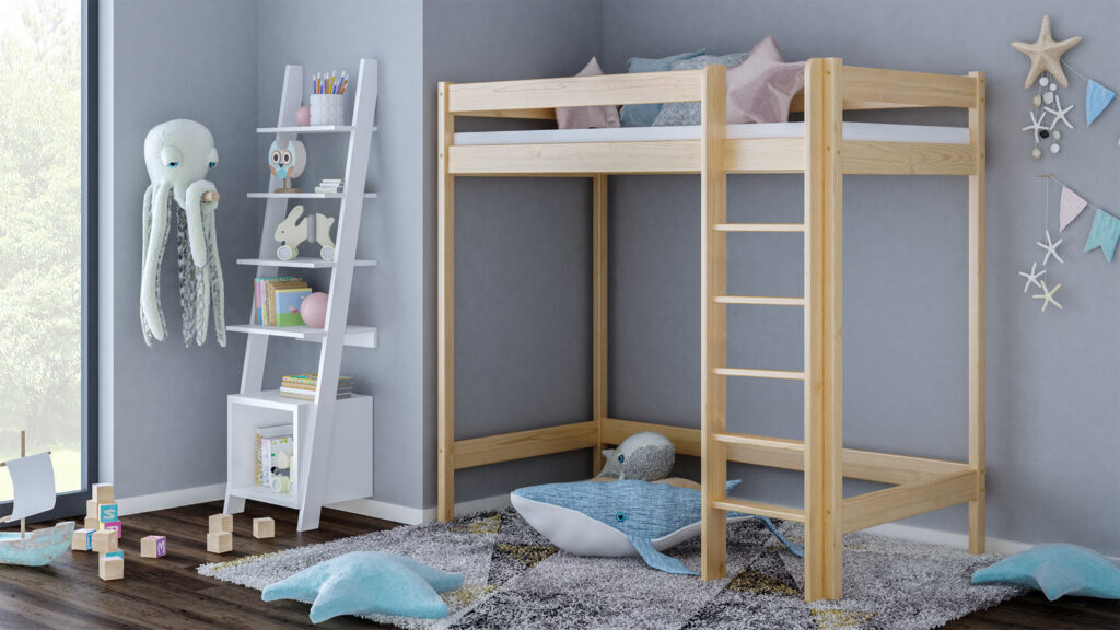 Meble Wróbel, Mezzanin Bett aus Holz mit Leiter Antresola 180, 80 x 160 cm, Höhe 180 cm, Naturbelassen