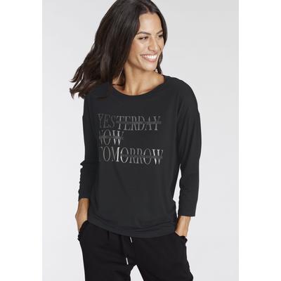 3/4-Arm-Shirt LAURA SCOTT, Damen, Gr. 40, schwarz, Single Jersey, Obermaterial: 95% Viskose, 5% Elasthan, bedruckt, lässig geschnitten hüftlang, Rundhals, Shirts 3/4-Arm-Shirt, mit glitzerndem Schriftzug
