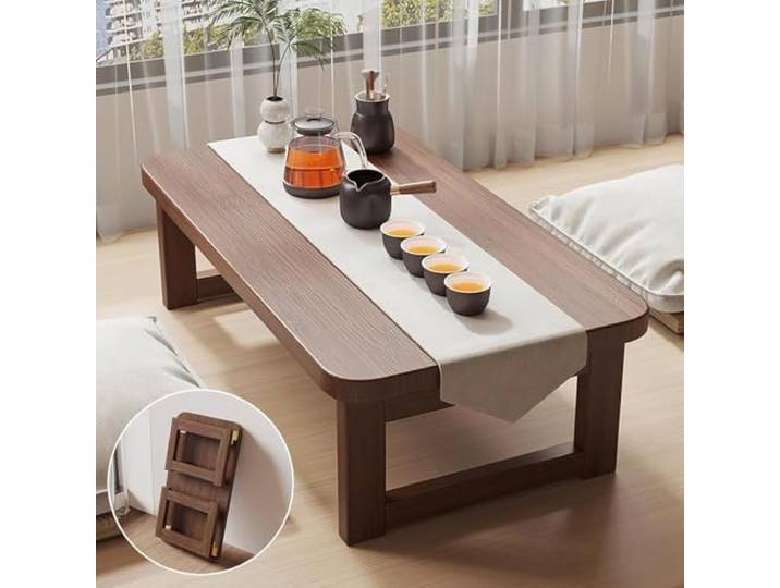 Niedriger faltbarer Japanischer Bodentisch aus Bambus, Kaffeetisch für Boden-Sitzbereich, tragbarer Vintage Teetisch für Tatami, Schlafzimmer, Erkerfenster (Size:120x48x30cm(47x19x12in),Color:Walnuss)