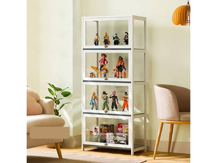 JSWHYBD Curio-vitrine Mit Acrylglastür, 1-5-stufige Vitrine, Vitrinen Aus Natürlichem Bambus Für Sammlerstücke, Aufbewahrungsschrank Mit Hoher Kapazität Und Aufklappbarer Tür, Starke Tragfähigkeit