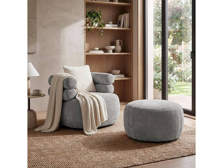 Drehsessel-Set NANO Grau – Drehsessel 360° mit runder Form mit Hocker, Relaxsessel, Lesesessel, Sitzhocker, Fußhocker und Zierkissen