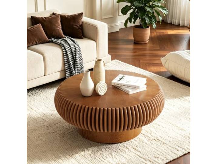 LOVEHOUGES Runder Couchtisch aus Holz mit Rillen Massiver Couchtisch in Trommelform aus Holz, stabiler Sockel, einfache Montage, für kleine Wohnzimmer