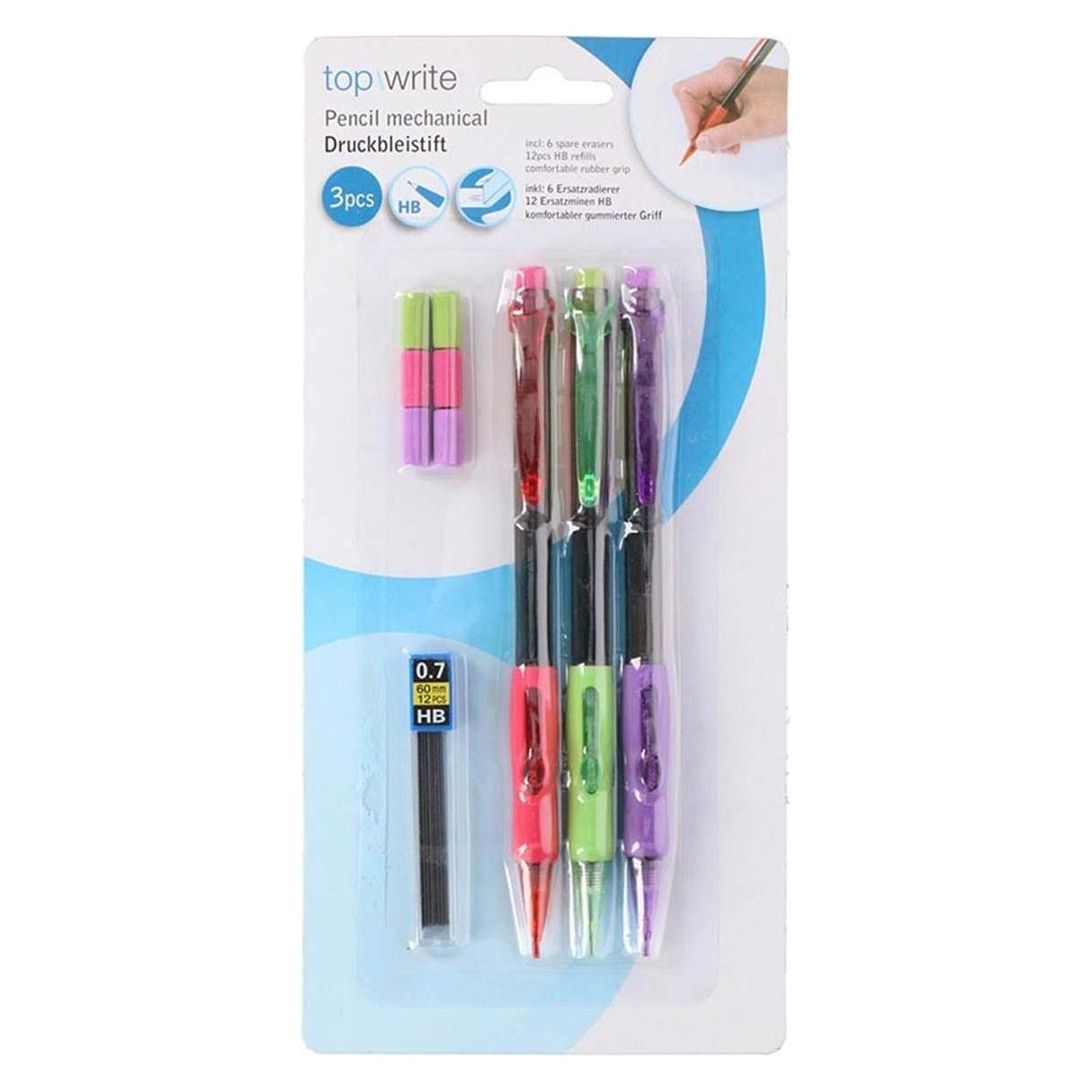 Topwrite Druckbleistift HB 0,7mm mit Radiergummi (0.70 mm, HB, 3x) (8711252988580)