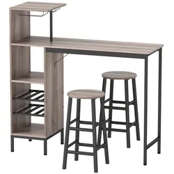 OKWISH 3-tlg Bartisch-Set 121x40x122 mit 2 Barhockern Stauraum Weinregale MDF Metall modern Küche Esszimmer Grau