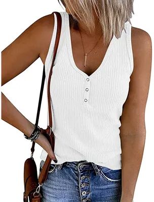 Lush Living Finds Color Ribbed Tank Top Women Sleeveless V Neck Casual Stretch Everyday Essentials white s