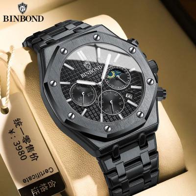 Inspire Select BINBOND B0161 Luxury Stainless Steel Men's Quartz Watch With Luminous Date & Chronograph silver Black