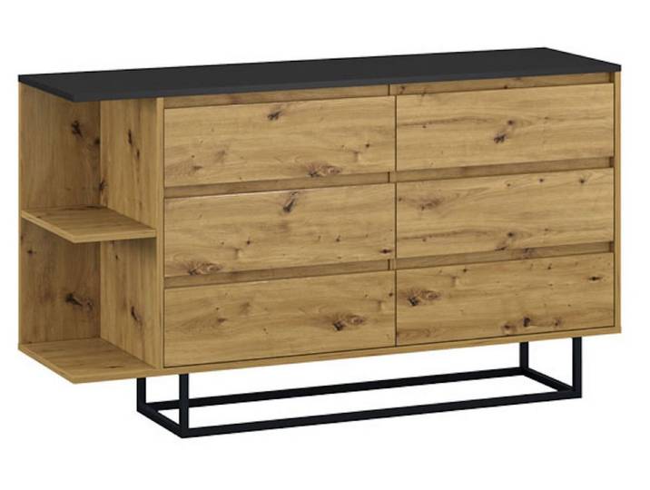 Feldmann-Wohnen Kommode Coco (2 offene Ablagefächer, 6 Schubladen, 1 St., moderne Holzoptik, Griffmulden, Metallfüße), 140x40x81cm schwarz / Artisan Eiche