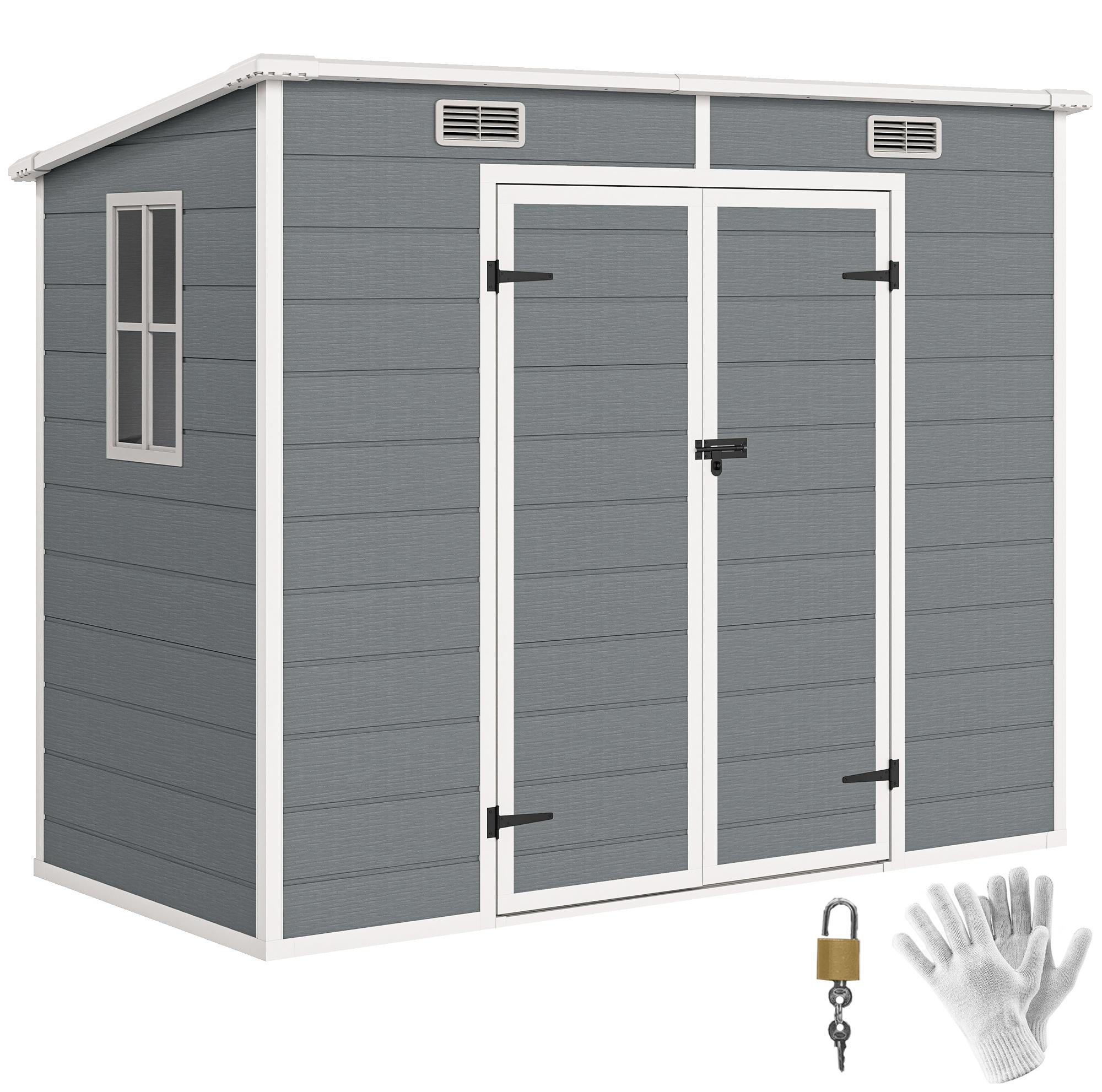 2,4 x 1,3 m Gartenschuppen, Kunststoff-Gartenhaus mit Boden, Fenster, verschließbare Türen, für Garten, Terrasse, Grau