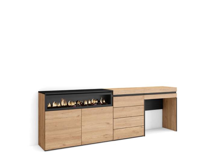 Buffet effet bois chêne 227x35x75cm cheminée effet feu