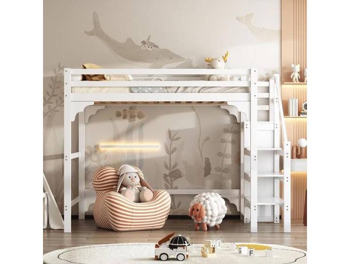 Lit mezzanine - KOMHTOM - Ado 140x200 - Pin massif - Armoire intégrée - Escalier de rangement